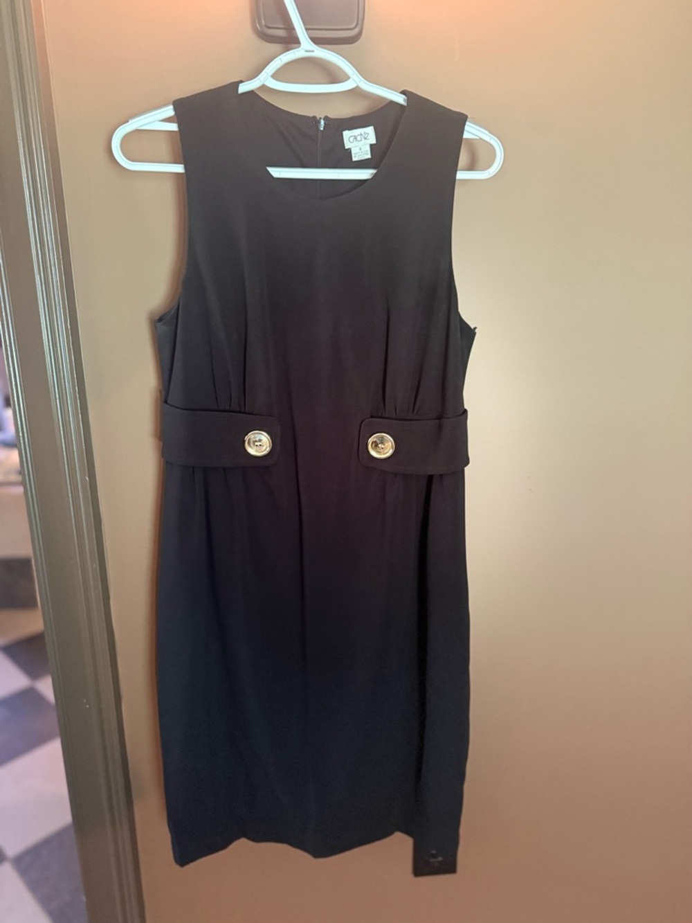Cachè Black Sleeveless Sheath Dress with Gold Buttons